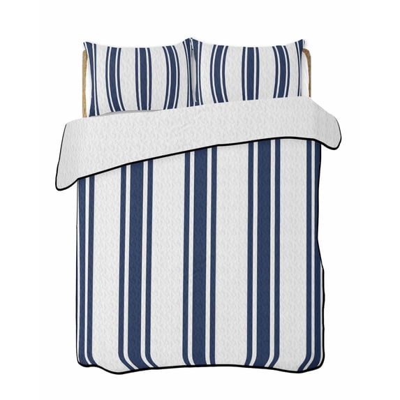 Quilts Full Size Bedding Set, Navy Blue Striped Lightweight Quilted Comforter, Farmhouse Aesthetic Modern Stripes Soft Reversible Bedspread Coverlet with Pillow Covers for All Season, 78" x 90"