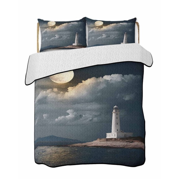 Quilts Full Size Bedding Set, Night Seaside Lighthouse Lightweight Quilted Comforter, Coastal Moonlight Ocean Soft Reversible Bedspread Coverlet with Pillow Covers for All Season, 78" x 90"