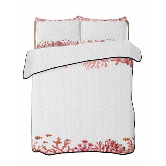Quilts Full Size Bedding Set, Ocean Coral Lightweight Quilted Comforter, Coastal Sea Fish Starfish Coral Summer Red Soft Reversible Bedspread Coverlet with Pillow Covers for All Season, 78" x 90"