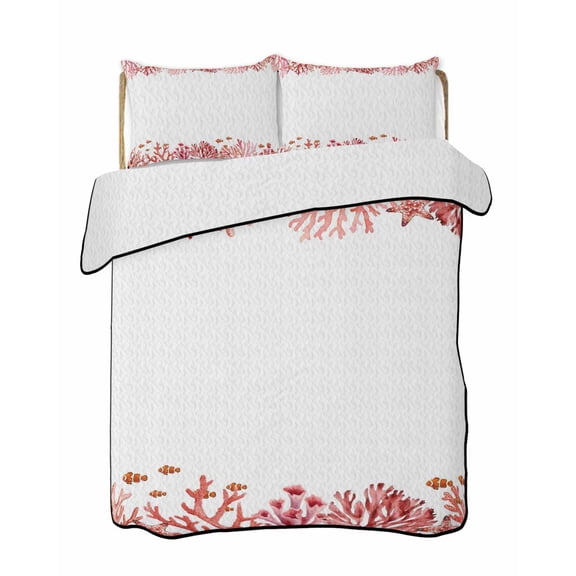 Quilts Full Size Bedding Set, Ocean Coral Lightweight Quilted Comforter, Coastal Sea Fish Starfish Coral Summer Red Soft Reversible Bedspread Coverlet with Pillow Covers for All Season, 78" x 90"