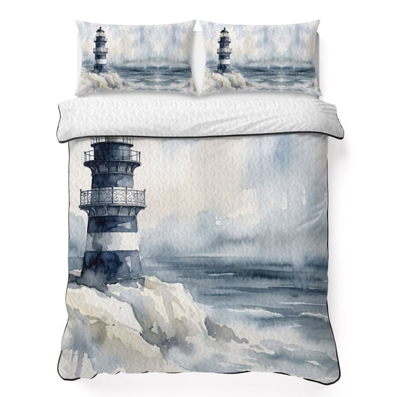 Quilts Full Size Bedding Set, Ocean Lighthouse Lightweight Quilted Comforter, Watercolor Blue Sea Waves Coastal Foggy Soft Reversible Bedspread Coverlet with Pillow Covers for All Season, 78" x 90"