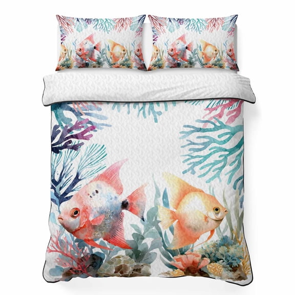 Quilts Full Size Bedding Set, Ocean Tropical Fish Lightweight Quilted Comforter, Coastal Blue Coral Marine Life Seagrass Reversible Bedspread Coverlet with Pillow Covers for All Season, 78" x 90"