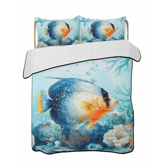 Quilts Full Size Bedding Set, Ombre Blue Fish Lightweight Quilted Comforter, Summer Ocean Sea Starfish Corals Teal Soft Reversible Bedspread Coverlet with Pillow Covers for All Season, 78" x 90"