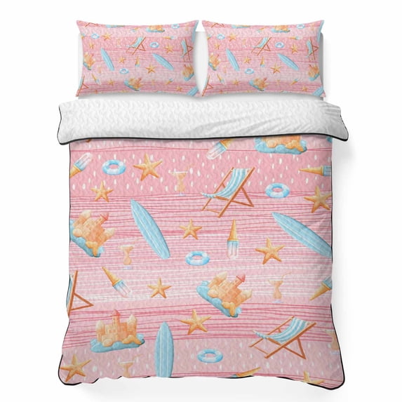 Quilts Full Size Bedding Set, Pink Coastal Beach Lightweight Quilted Comforter, Ocean Seaside Surfboards Starfish Soft Reversible Bedspread Coverlet with Pillow Covers for All Season, 78" x 90"