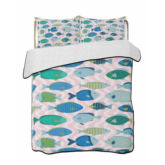 Quilts Full Size Bedding Set, Pink Fishes Lightweight Quilted Comforter, Cartoon Coastal Ocean Fish Striped Soft Reversible Bedspread Coverlet with Pillow Covers for All Season, 78" x 90"