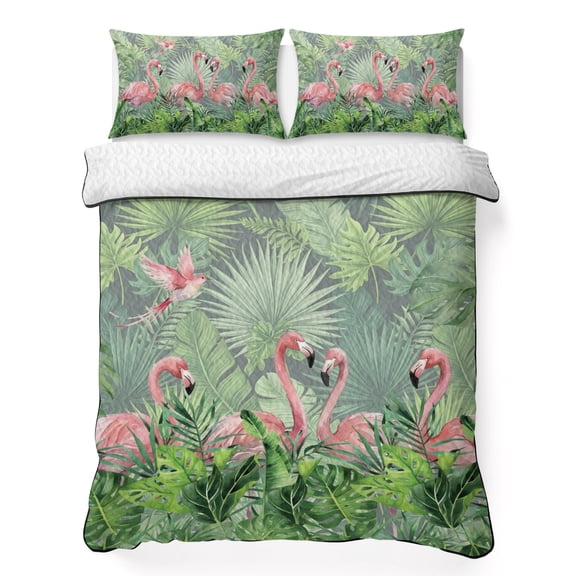 Quilts Full Size Bedding Set, Pink Flamingo Rustic Lightweight Quilted Comforter, Tropical Summer Palm Leaves Jungle Soft Reversible Bedspread Coverlet with Pillow Covers for All Season, 78" x 90"