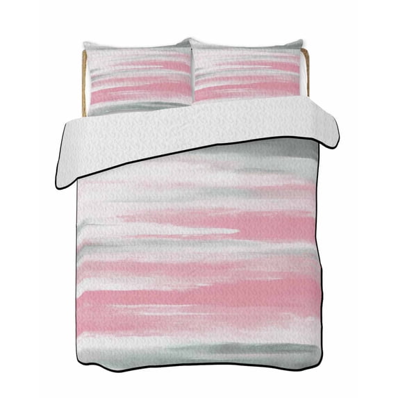 Quilts Full Size Bedding Set, Pink Gray White Lightweight Quilted Comforter, Contemporary Simple Abstract Mottled Soft Reversible Bedspread Coverlet with Pillow Covers for All Season, 78" x 90"