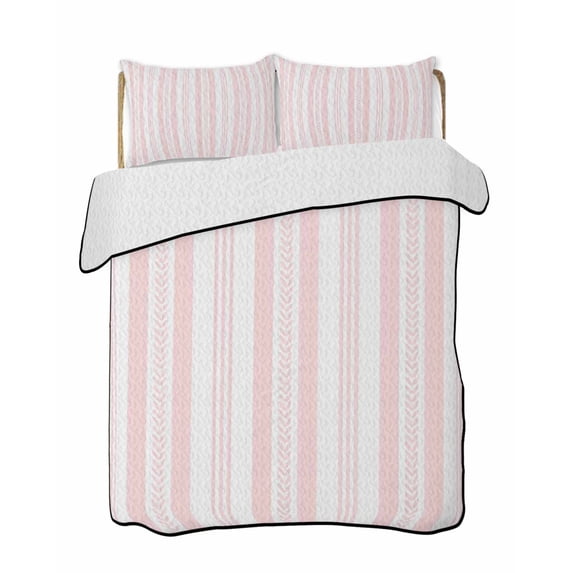 Quilts Full Size Bedding Set, Pink Line Striped Lightweight Quilted Comforter, Farmhouse Modern Geometric Stripes Soft Reversible Bedspread Coverlet with Pillow Covers for All Season, 78" x 90"
