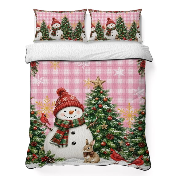 Quilts Full Size Bedding Set, Pink Plaid Christmas Lightweight Quilted Comforter, Xmas Snowman Snowflake Trees Soft Reversible Bedspread Coverlet with Pillow Covers for All Season, 78" x 90"