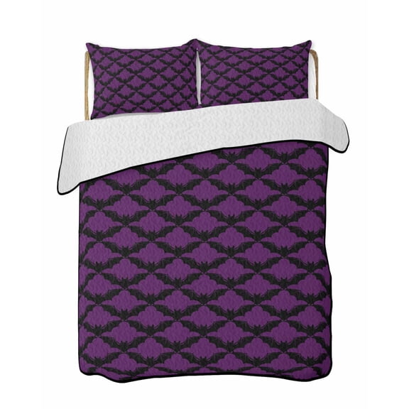 Quilts Full Size Bedding Set, Purple Black Halloween Lightweight Quilted Comforter, Fall Spooky Horror Abstract Bats Soft Reversible Bedspread Coverlet with Pillow Covers for All Season, 78" x 90"