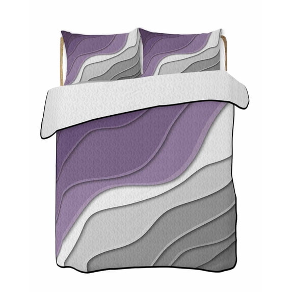 Quilts Full Size Bedding Set, Purple Grey Ombre Lightweight Quilted Comforter, Modern Geometric Abstract Aesthetics Cream Soft Bedspread Coverlet with Pillow Covers for All Season, 78" x 90"