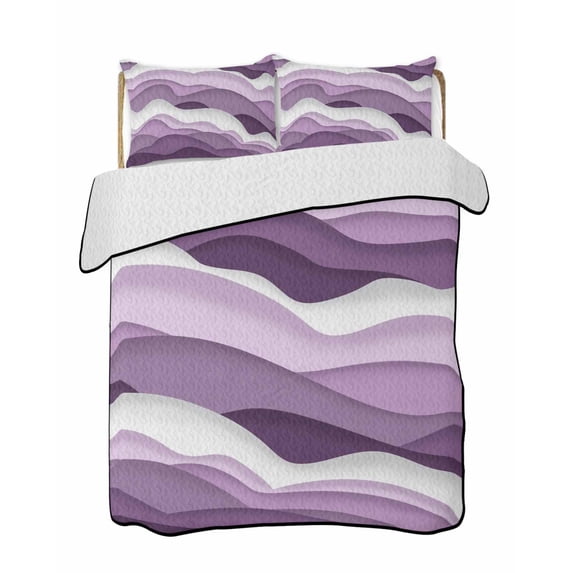 Quilts Full Size Bedding Set, Purple Ombre Lightweight Quilted Comforter, Modern Geometric Moire Abstract Art Soft Reversible Bedspread Coverlet with Pillow Covers for All Season, 78" x 90"