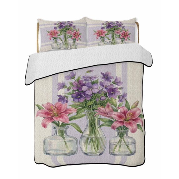 Quilts Full Size Bedding Set, Purple Red Spring Floral Lightweight Quilted Comforter, Summer Botanical Rustic Soft Reversible Bedspread Coverlet with Pillow Covers for All Season, 78" x 90"