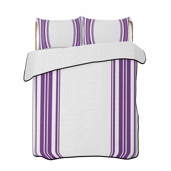 Quilts Full Size Bedding Set, Purple Striped Lightweight Quilted Comforter, Farmhouse Simple Line Vertical Stripes Soft Reversible Bedspread Coverlet with Pillow Covers for All Season, 78" x 90"