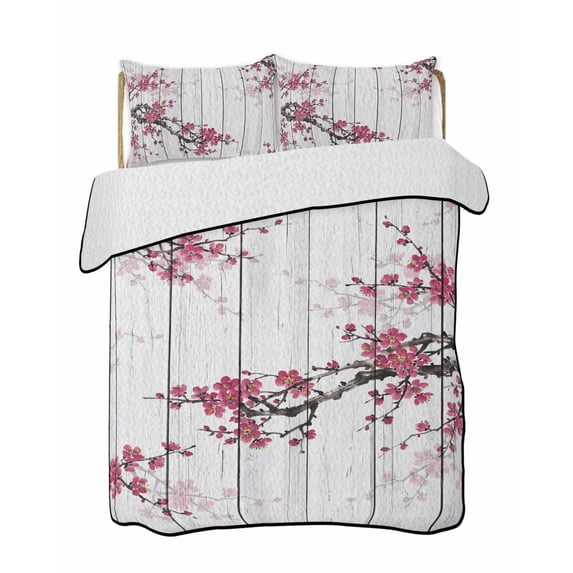 Quilts Full Size Bedding Set, Red Cherry Lightweight Quilted Comforter, Spring Floral Branches Ink Painting Art Wood Gray Soft Bedspread Coverlet with Pillow Covers for All Season, 78" x 90"