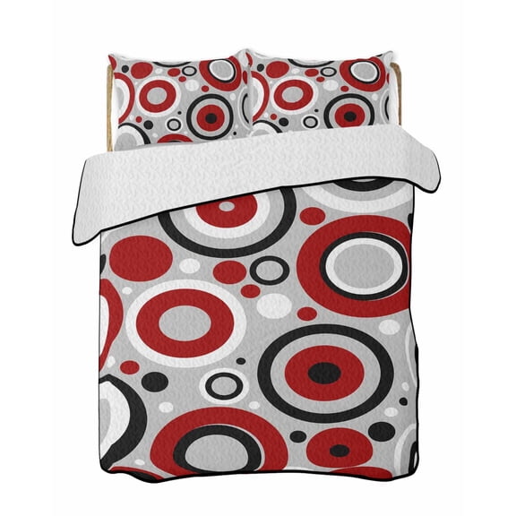 Quilts Full Size Bedding Set, Red Grey Abstract Lightweight Quilted Comforter, Modern Geometric Polka Dot Soft Reversible Bedspread Coverlet with Pillow Covers for All Season, 78" x 90"