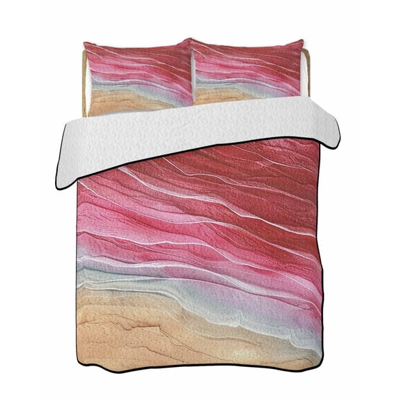 Quilts Full Size Bedding Set, Red Ombre Coastal Lightweight Quilted Comforter, Summer Nautical Beach Ocean Seaside Soft Reversible Bedspread Coverlet with Pillow Covers for All Season, 78" x 90"