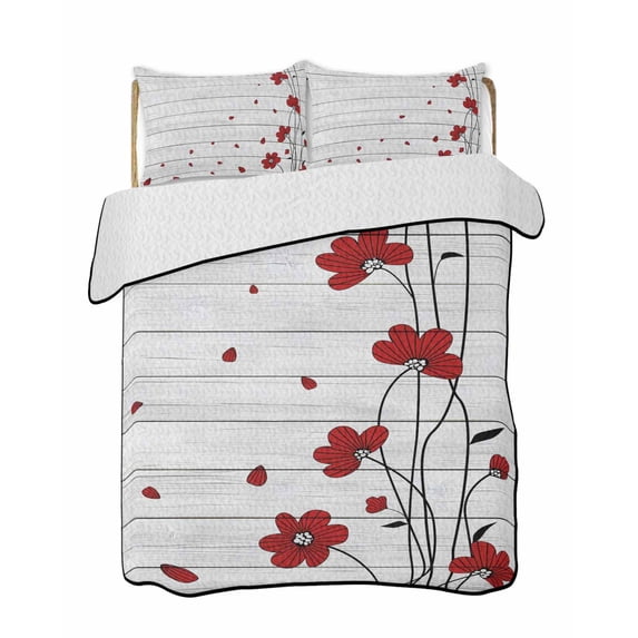 Quilts Full Size Bedding Set, Red Poppy Flowers Lightweight Quilted Comforter, Spring Modern Abstract Floral Wood Soft Reversible Bedspread Coverlet with Pillow Covers for All Season, 78" x 90"