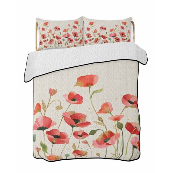 Quilts Full Size Bedding Set, Red Poppy Lightweight Quilted Comforter, Spring Summer Flowers Botanical Rustic Soft Reversible Bedspread Coverlet with Pillow Covers for All Season, 78" x 90"