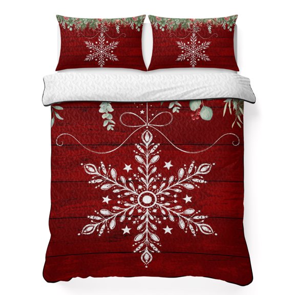 Quilts Full Size Bedding Set, Red Snowflake Christmas Lightweight Quilted Comforter, Xmas Ball Winter Pine Cones Soft Reversible Bedspread Coverlet with Pillow Covers for All Season, 78" x 90"