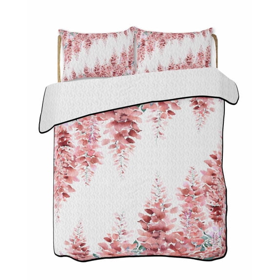 Quilts Full Size Bedding Set, Red Wisteria Lightweight Quilted Comforter, Sprinng Summer Pastoral Flowers Botanical Soft Reversible Bedspread Coverlet with Pillow Covers for All Season, 78" x 90"