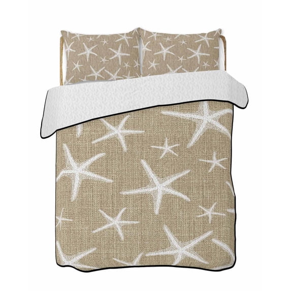 Quilts Full Size Bedding Set, Rustic Coastal Starfish Lightweight Quilted Comforter, Nautical Summer Beach Ocean Soft Reversible Bedspread Coverlet with Pillow Covers for All Season, 78" x 90"