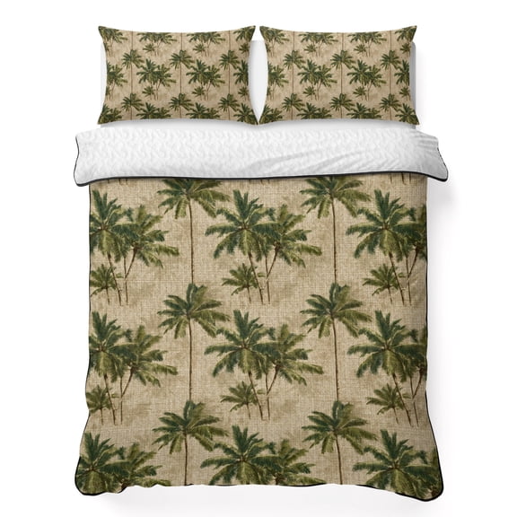 Quilts Full Size Bedding Set, Rustic Palm Trees Lightweight Quilted Comforter, Tropical Summer Botanical Burlap Soft Reversible Bedspread Coverlet with Pillow Covers for All Season, 78" x 90"
