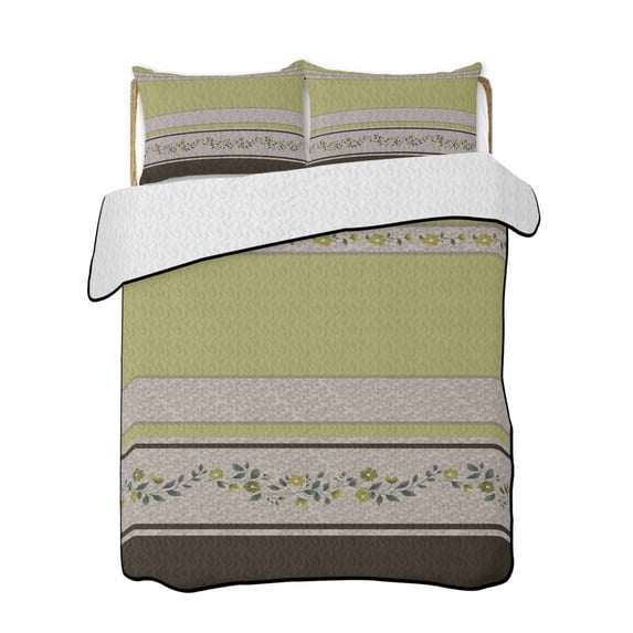 Quilts Full Size Bedding Set, Sage Green Floral Lightweight Quilted Comforter, Modern Farmhouse Leaves Brown Striped Soft Reversible Bedspread Coverlet with Pillow Covers for All Season, 78" x 90"