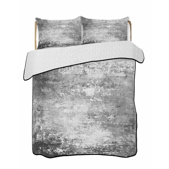 Quilts Full Size Bedding Set, Shabby Grey Lightweight Quilted Comforter, Oil Painting Vintage Art Gray White Soft Reversible Bedspread Coverlet with Pillow Covers for All Season, 78" x 90"