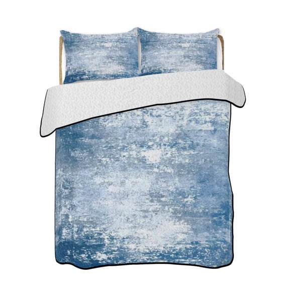 Quilts Full Size Bedding Set, Shabby Navy Blue Lightweight Quilted Comforter, Oil Painting Vintage Art Blue White Soft Reversible Bedspread Coverlet with Pillow Covers for All Season, 78" x 90"