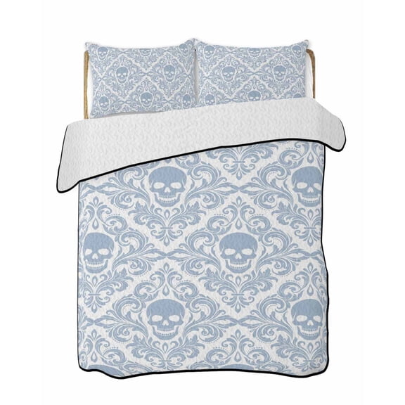 Quilts Full Size Bedding Set, Skeleton Lightweight Quilted Comforter, Light Blue Horror Skull Abstract Patterned Soft Reversible Bedspread Coverlet with Pillow Covers for All Season, 78" x 90"