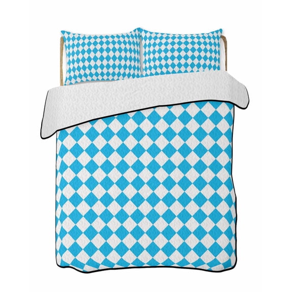 Quilts Full Size Bedding Set, Sky Blue Plaid Lightweight Quilted Comforter, Modern Minimalist Gingham Checkered Soft Reversible Bedspread Coverlet with Pillow Covers for All Season, 78" x 90"