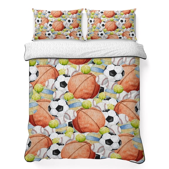 Quilts Full Size Bedding Set, Sports Lightweight Quilted Comforter, Basketball Soccer Baseball Athletic Vibrant Soft Reversible Bedspread Coverlet with Pillow Covers for All Season, 78" x 90"