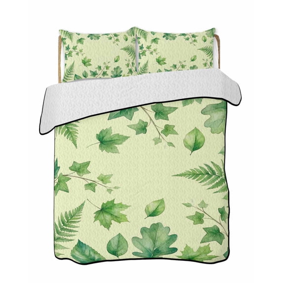 Quilts Full Size Bedding Set, Spring Botanical Lightweight Quilted Comforter, Green Ivy Ferns Oak Leaves Yellow Soft Reversible Bedspread Coverlet with Pillow Covers for All Season, 78" x 90"