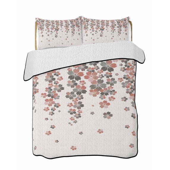 Quilts Full Size Bedding Set, Spring Floral Lightweight Quilted Comforter, Red Gray Cherry Flowers Blossom Beige Soft Reversible Bedspread Coverlet with Pillow Covers for All Season, 78" x 90"