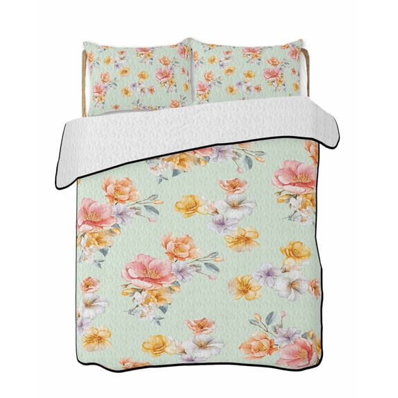Quilts Full Size Bedding Set, Spring Flowers Lightweight Quilted Comforter, Yellow Pink Floral Rustic Botanical Green Soft Reversible Bedspread Coverlet with Pillow Covers for All Season, 78" x 90"