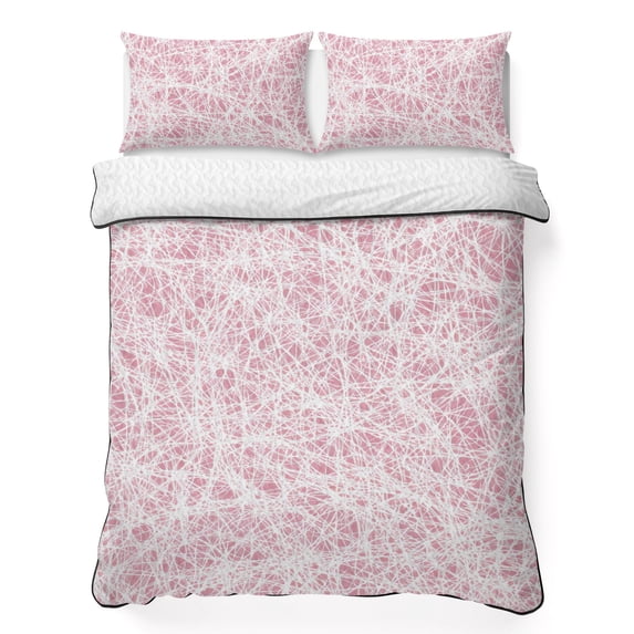 Quilts Full Size Bedding Set, Spring Pink Cobweb Lightweight Quilted Comforter, Abstract Boho Farmhouse Lines Soft Reversible Bedspread Coverlet with Pillow Covers for All Season, 78" x 90"