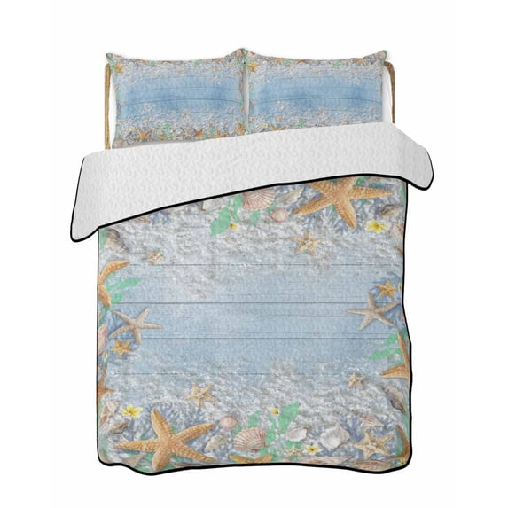 Quilts Full Size Bedding Set, Summer Beach Starfish Lightweight Quilted Comforter, Blue Coastal Ocean Conch Wood Grain Soft Reversible Bedspread Coverlet with Pillow Covers for All Season, 78" x 90"