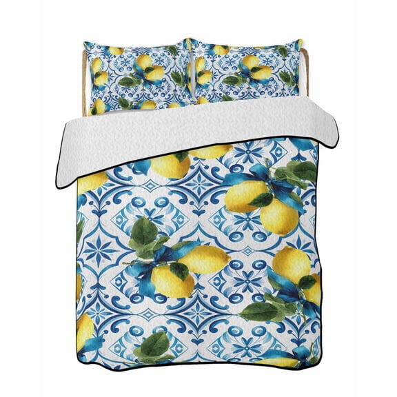 Quilts Full Size Bedding Set, Summer Lemon Lightweight Quilted Comforter, Yellow Green Botanical Blue and White Porcelain Soft Bedspread Coverlet with Pillow Covers for All Season, 78" x 90"