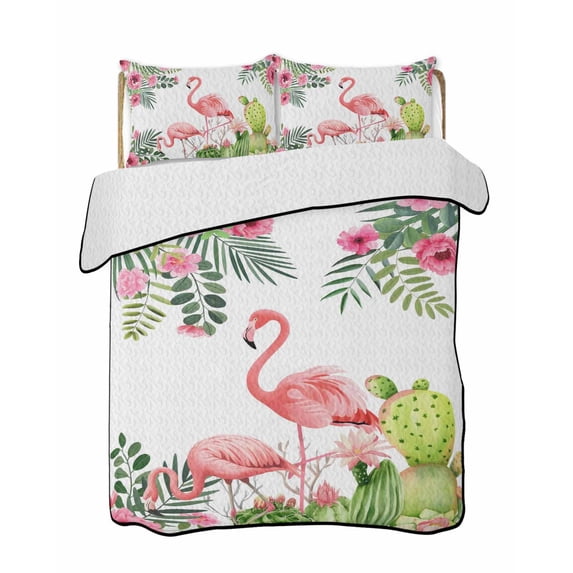 Quilts Full Size Bedding Set, Summer Pink Flamingos Lightweight Quilted Comforter, Tropical Floral Leaves Cactus Soft Reversible Bedspread Coverlet with Pillow Covers for All Season, 78" x 90"