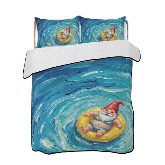 Quilts Full Size Bedding Set, Summer Santa Lightweight Quilted Comforter, Blue Ocean Oil Painting Swimming Ring Soft Reversible Bedspread Coverlet with Pillow Covers for All Season, 78" x 90"