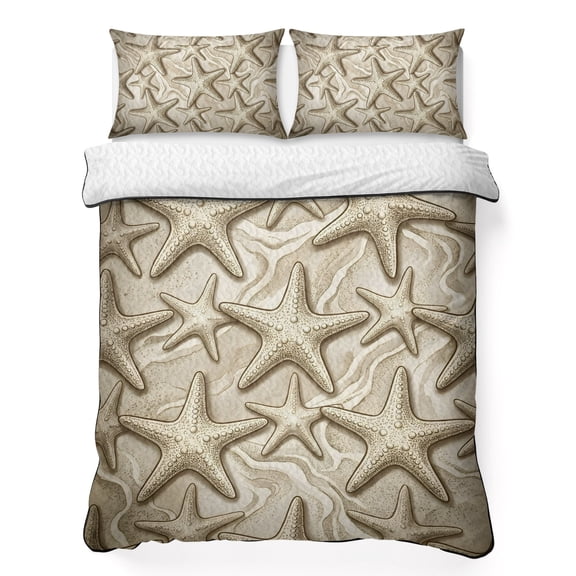 Quilts Full Size Bedding Set, Summer Starfish Lightweight Quilted Comforter, Coastal Cream Ocean Earthy Tones Soft Reversible Bedspread Coverlet with Pillow Covers for All Season, 78" x 90"