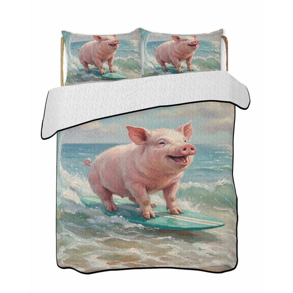 Quilts Full Size Bedding Set, Surfing Pig Lightweight Quilted Comforter, Oil Painting Funny Animal Beach Summer Soft Reversible Bedspread Coverlet with Pillow Covers for All Season, 78" x 90"