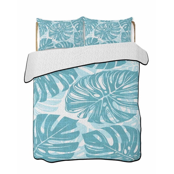 Quilts Full Size Bedding Set, Teal Blue Monstera Deliciosa Lightweight Quilted Comforter, Summer Botanical Tropical Soft Reversible Bedspread Coverlet with Pillow Covers for All Season, 78" x 90"