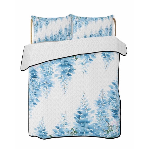 Quilts Full Size Bedding Set, Teal Blue Wisteria Lightweight Quilted Comforter, Sprinng Summer Pastoral Botanical Soft Reversible Bedspread Coverlet with Pillow Covers for All Season, 78" x 90"