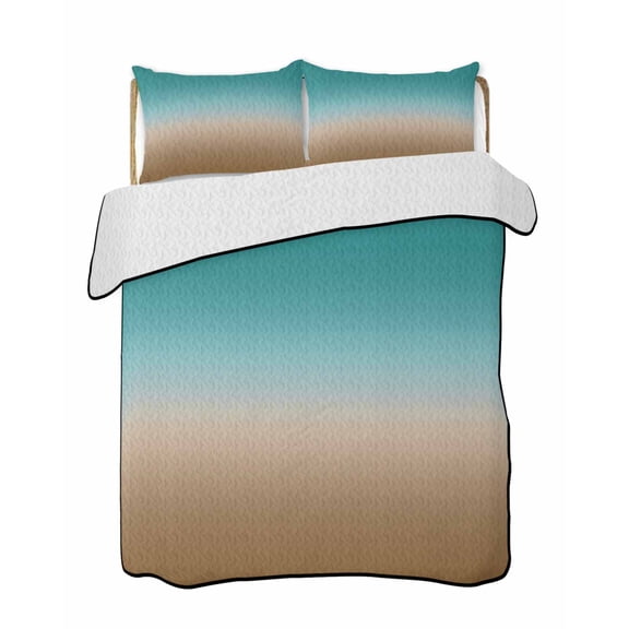 Quilts Full Size Bedding Set, Teal Brown Ombre Lightweight Quilted Comforter, Turquoise Gradient Modern Abstract Art Soft Reversible Bedspread Coverlet with Pillow Covers for All Season, 78" x 90"