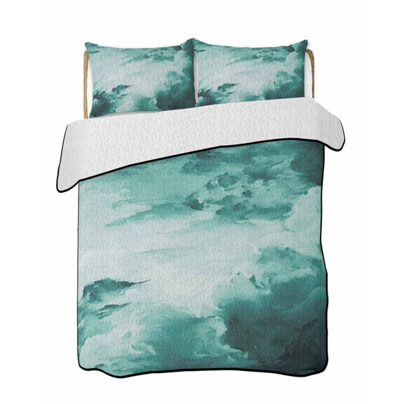 Quilts Full Size Bedding Set, Teal Green Ombre Clouds Lightweight Quilted Comforter, Modern Abstract Gradient Cloud Soft Reversible Bedspread Coverlet with Pillow Covers for All Season, 78" x 90"