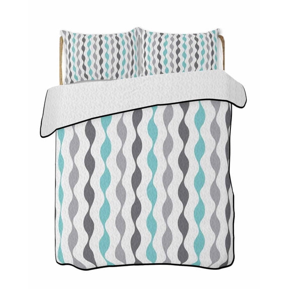 Quilts Full Size Bedding Set, Teal Grey Striped Lightweight Quilted Comforter, Modern Abstract Geometric Stripes Soft Reversible Bedspread Coverlet with Pillow Covers for All Season, 78" x 90"