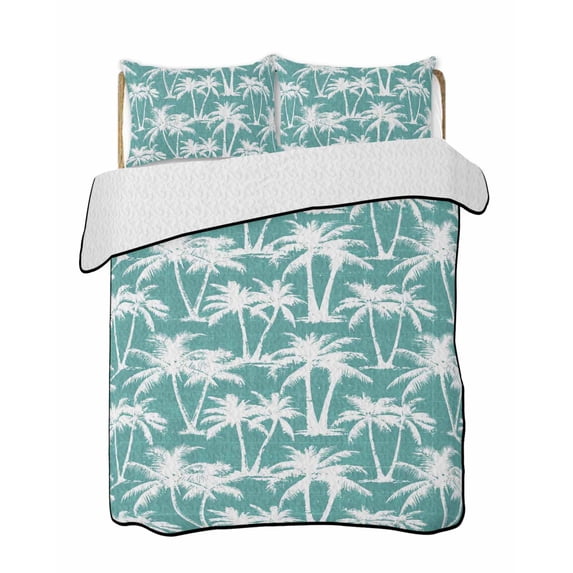 Quilts Full Size Bedding Set, Teal Palm Tree Summer Lightweight Quilted Comforter, Beach Tropical Botanical Coastal Soft Reversible Bedspread Coverlet with Pillow Covers for All Season, 78" x 90"