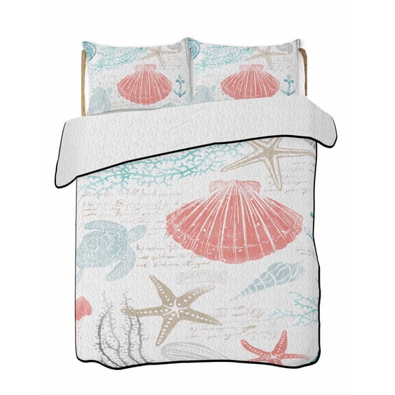 Quilts Full Size Bedding Set, Teal Red Coastal Nautical Lightweight Quilted Comforter, Beach Sea Turtle Ocean Coral Starfish Soft Bedspread Coverlet with Pillow Covers for All Season, 78" x 90"